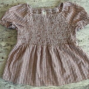 Girls OshKosh Brown and White Gingham Smocked Top.  EUC. Size 14.